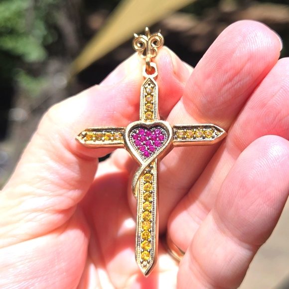 Natural Edge Kharma Collection by Avelon Jewelry - Citrine & Ruby Sterling & Gold Cross W/heart Pendant